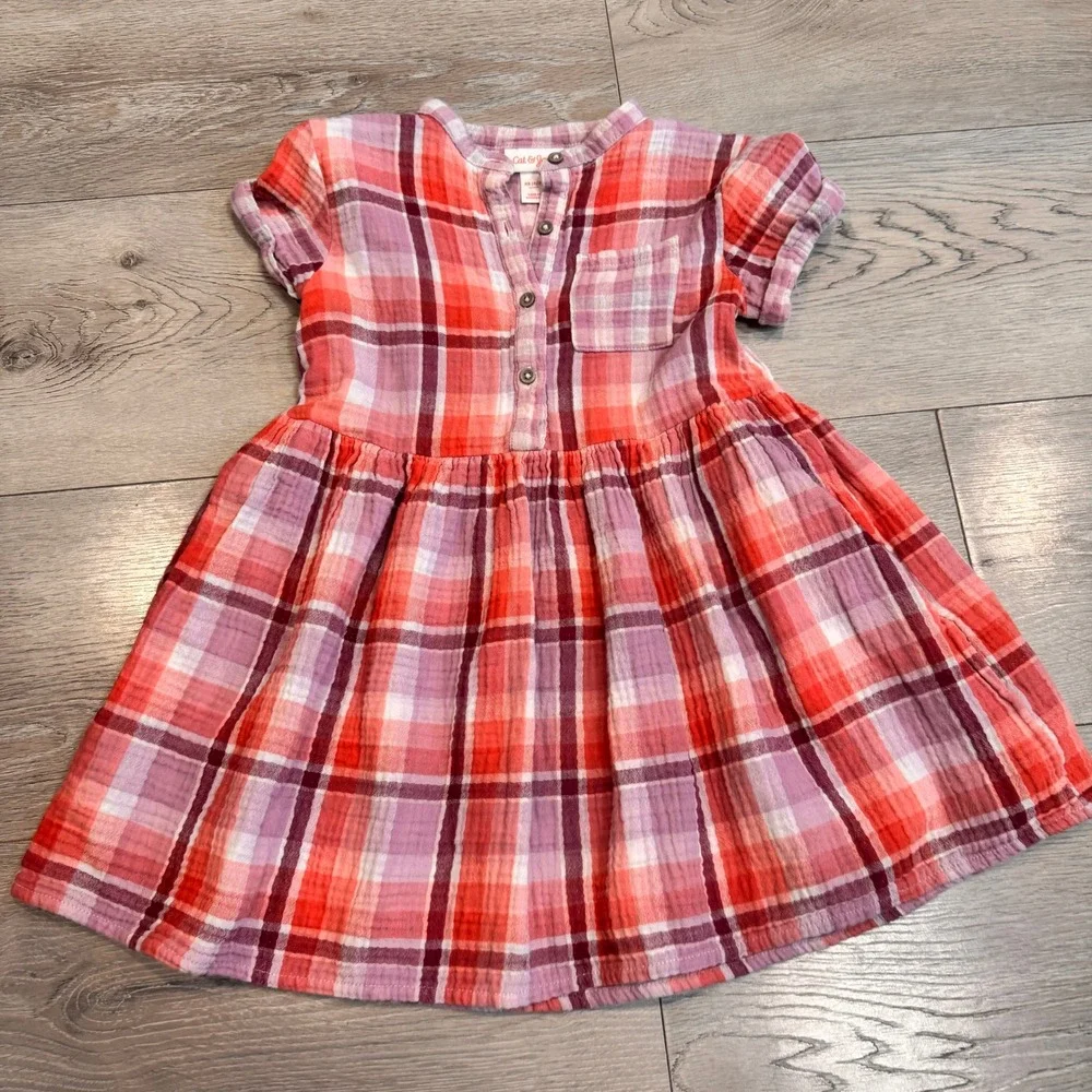 Cat & Jack Kids Girls Plaid Button Front Dress Red Pink Purple XS 4/5 Xsmall